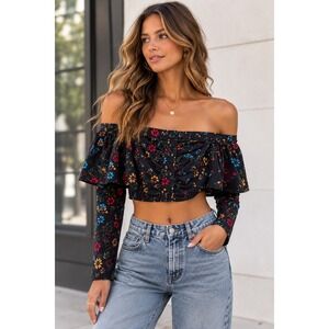 C/MEO Collective Womens M Black Floral Off Shoulder Crop Top Ruffle Y2K